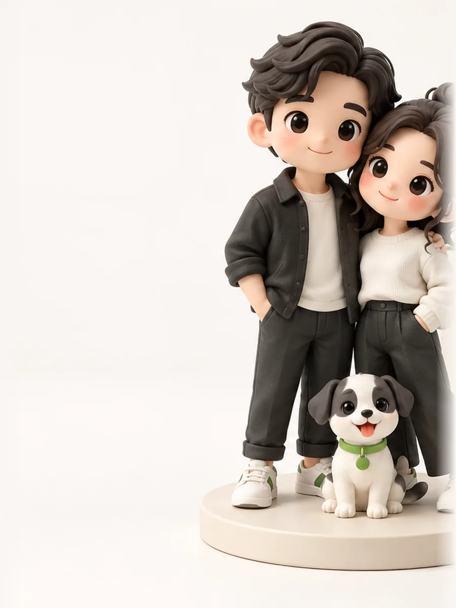 Ảnh minh hoạ: tượng chibi cặp đôi cùng chú chó nhỏ trên đế tròn