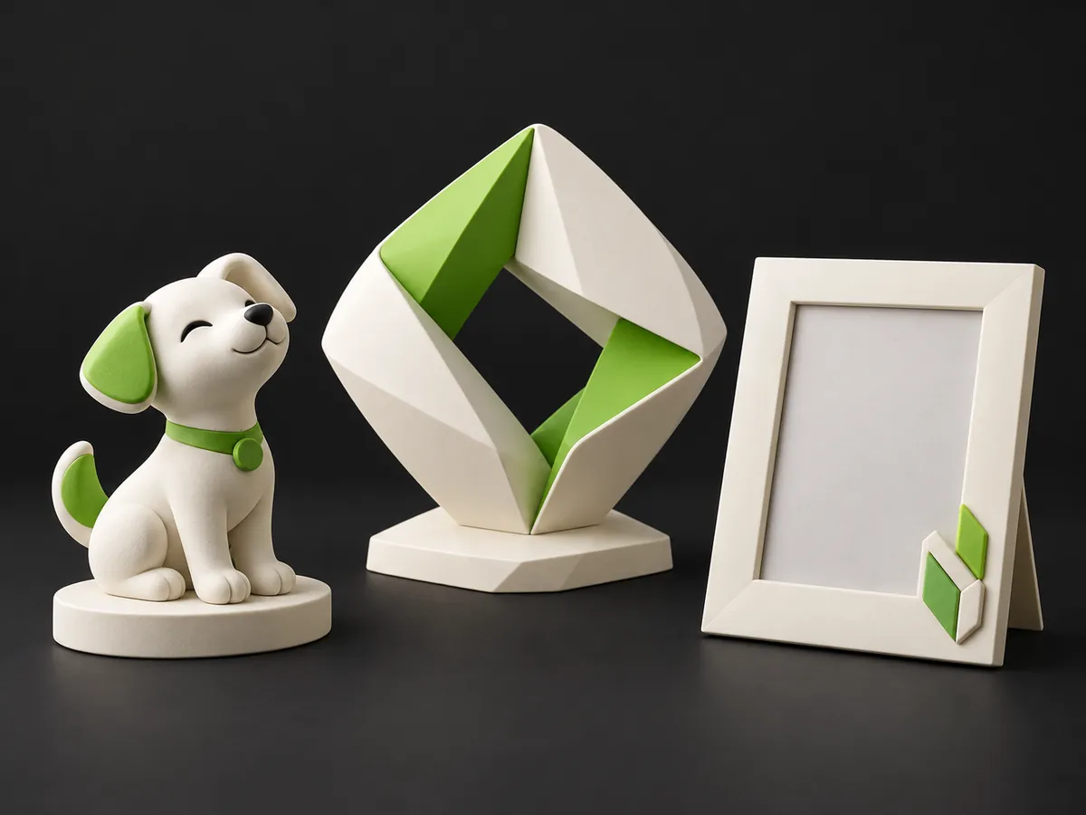 Ảnh minh hoạ: tượng chó nhỏ, khối đa diện và khung ảnh in 3D màu trắng xanh lá