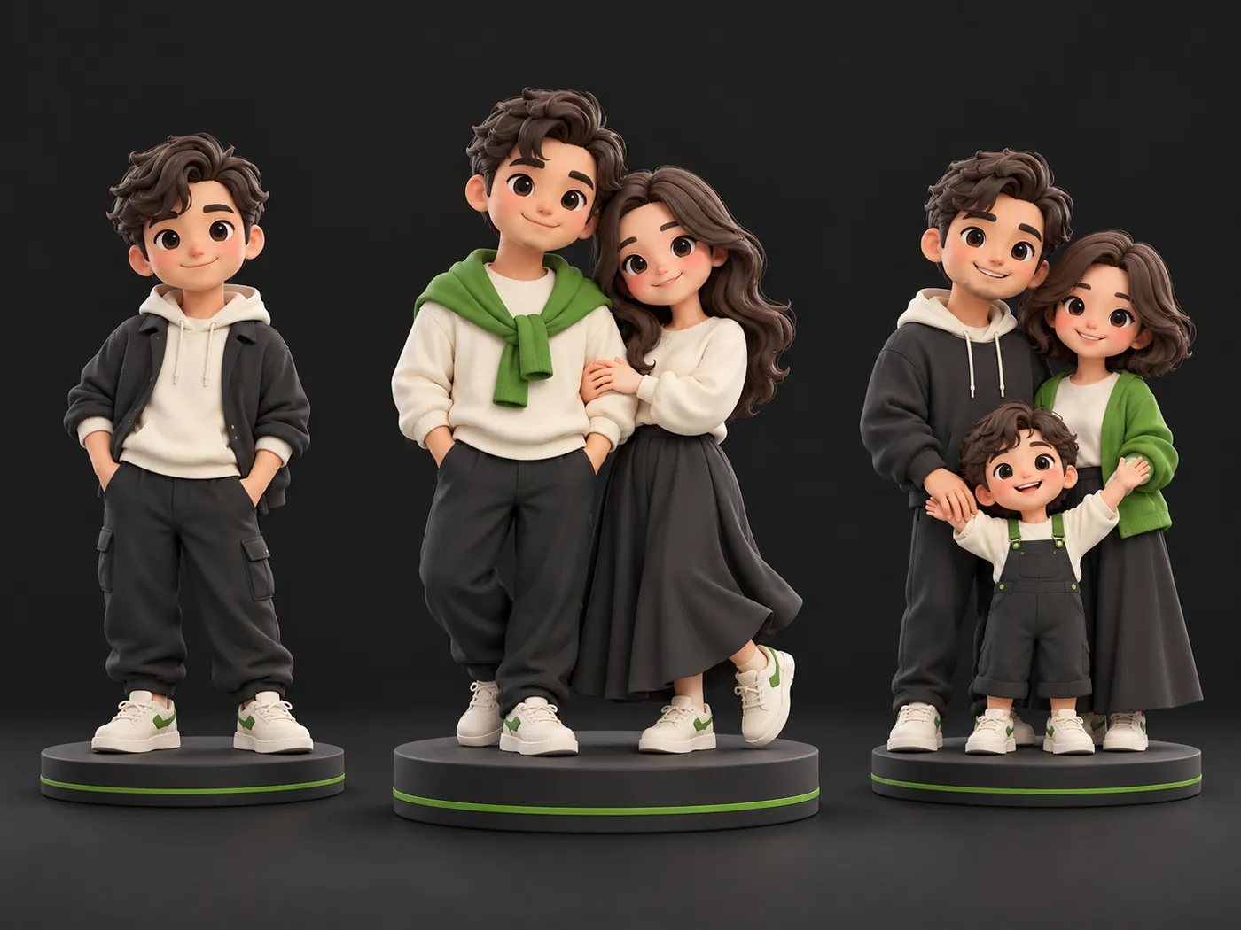 Ảnh minh hoạ: tượng chibi in 3D một người, cặp đôi và gia đình trên đế tròn