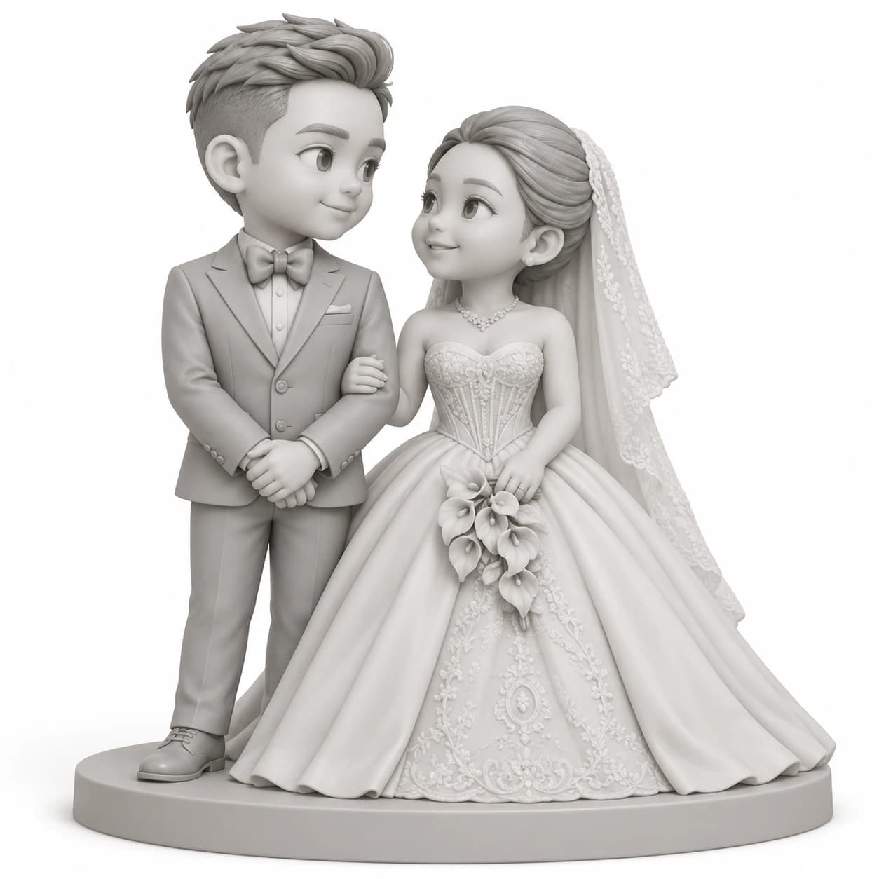 Tượng cô dâu chú rể in 3D, cặp đôi nhìn nhau trên đế tròn